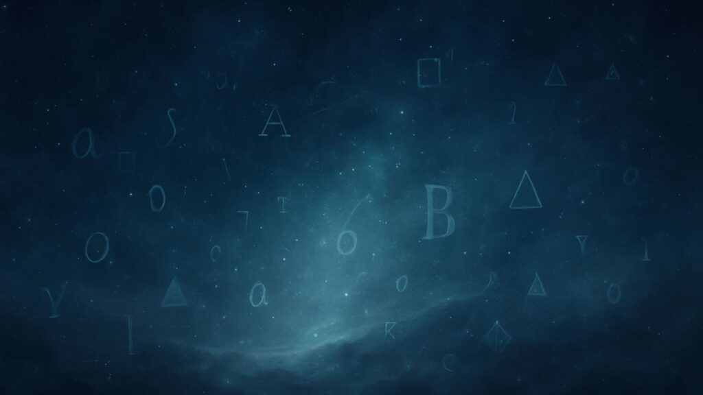 Abstract art of letters and symbols floating in a dark blue, cosmic space, illustrating how dreams speak in symbols.