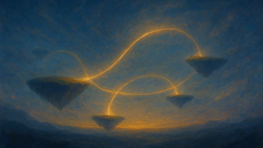 A surreal painting of dark, floating islands connected by glowing golden threads, representing the invisible bridge between moments.