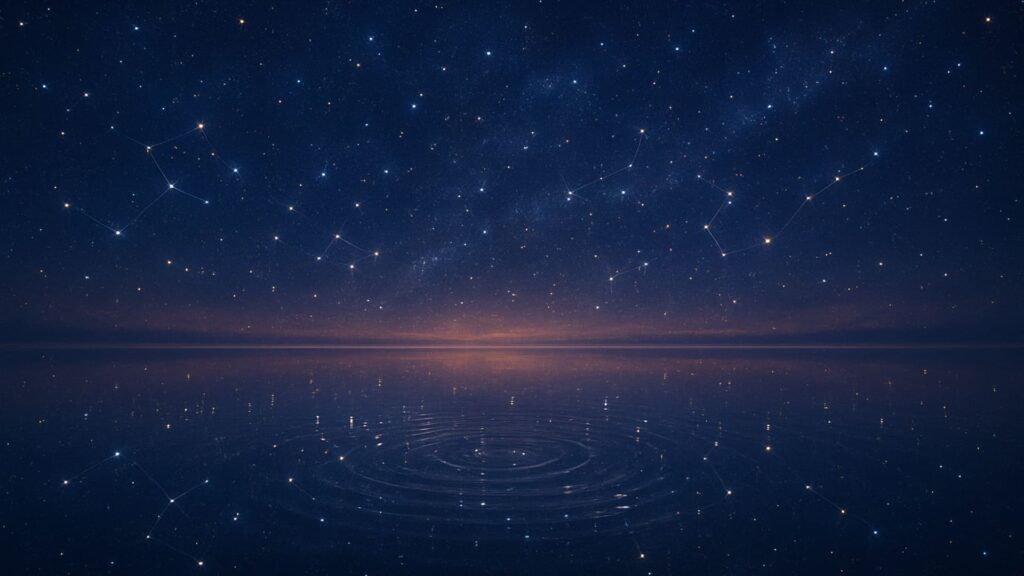 A vast, starry night sky with constellations is perfectly reflected in calm water, creating a beautiful image of the universe as a mirror.