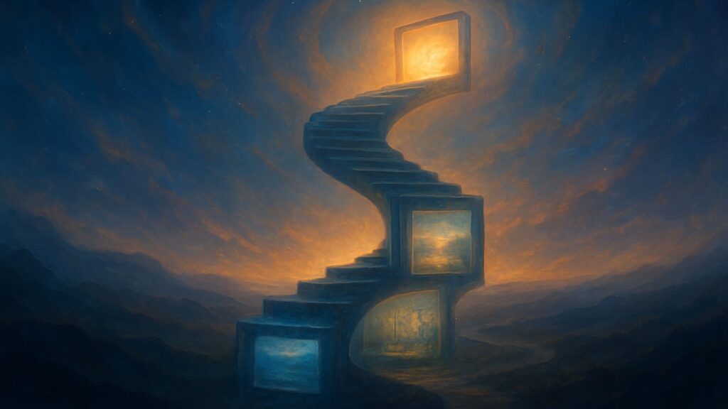 A surreal painting of a winding staircase ascending to a glowing doorway in the sky, symbolizing why we choose the stairs for a higher perspective.