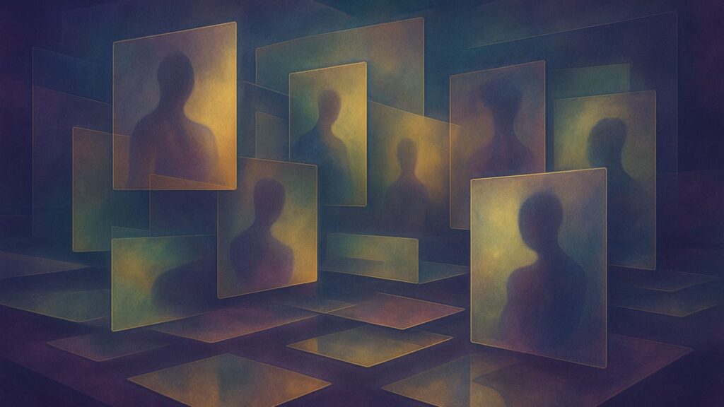 Surreal art of silhouetted figures on overlapping glass panes, a visual metaphor for the many layers of identity.